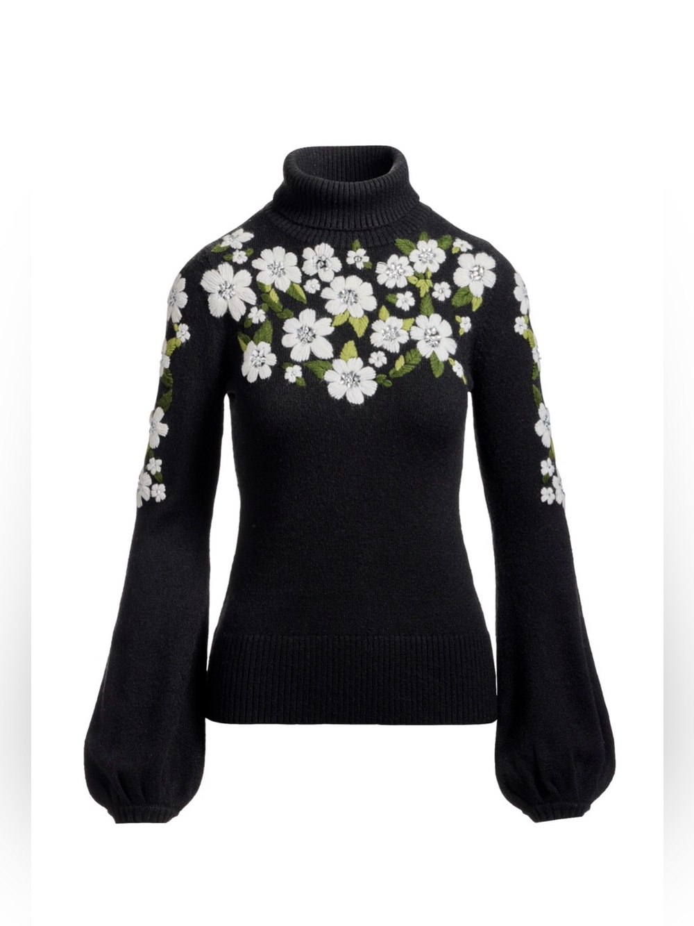 Boston Proper Black Flower Embroidered Turtleneck Sweater